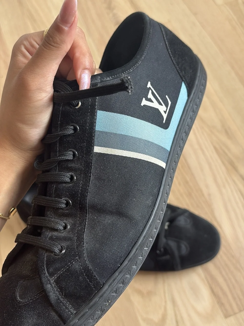Louis Vuitton Black Sneakers with Blue Stripe